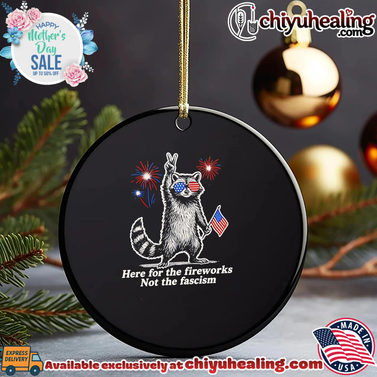 Here for the fireworks not the fascism cartoon Racoon holding American flag timeless shirt & hoodie - Everyday Fit Here for the fireworks not the fascism cartoon Racoon holding American flag
