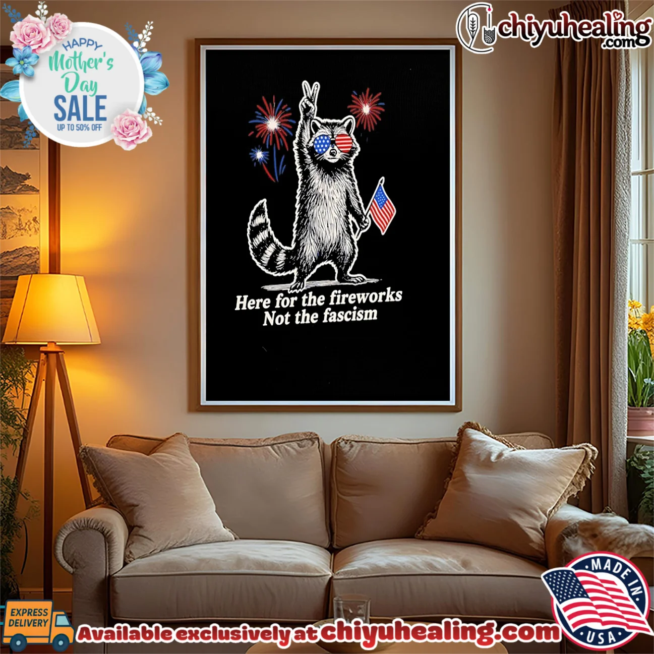 Here for the fireworks not the fascism cartoon Racoon holding American flag timeless shirt & hoodie - Everyday Fit Here for the fireworks not the fascism cartoon Racoon holding American flag