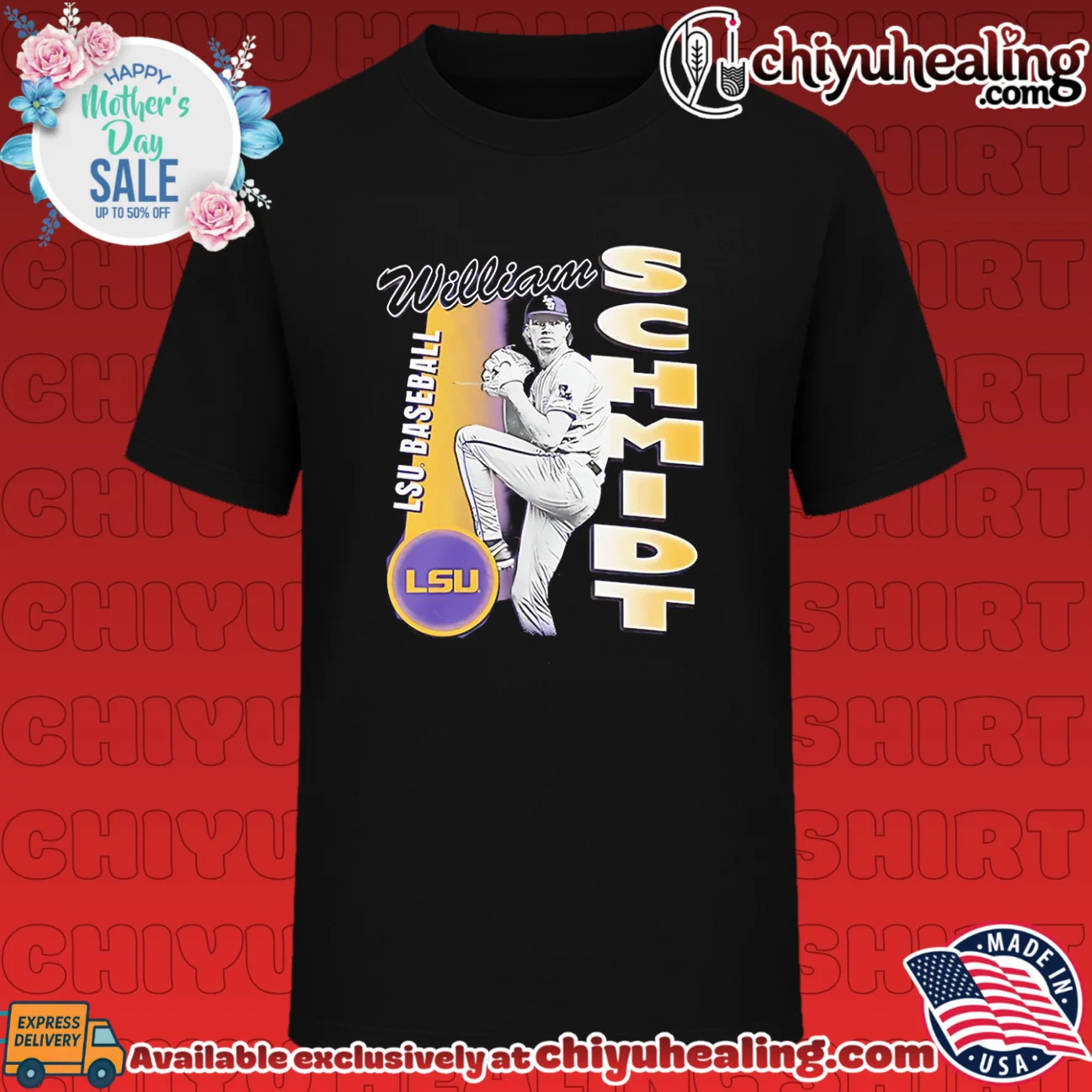 LSU baseball William Schmidt leg lift pose shirt