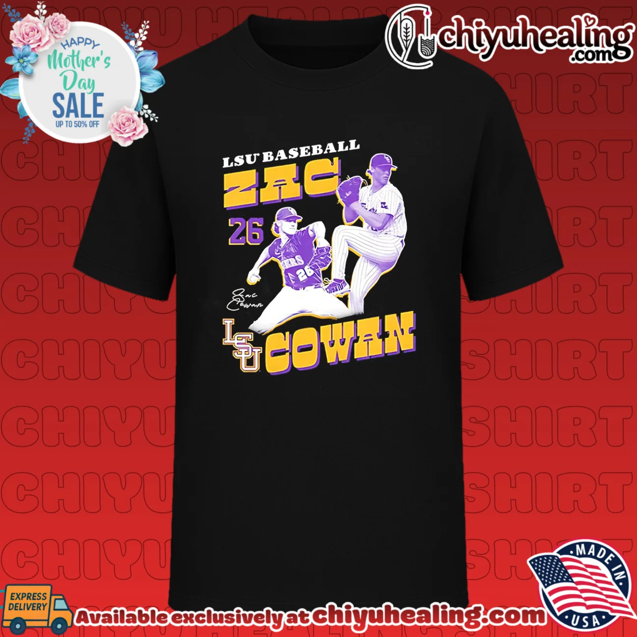 LSU baseball Zac Cowan number 26 leg lift pose shirt