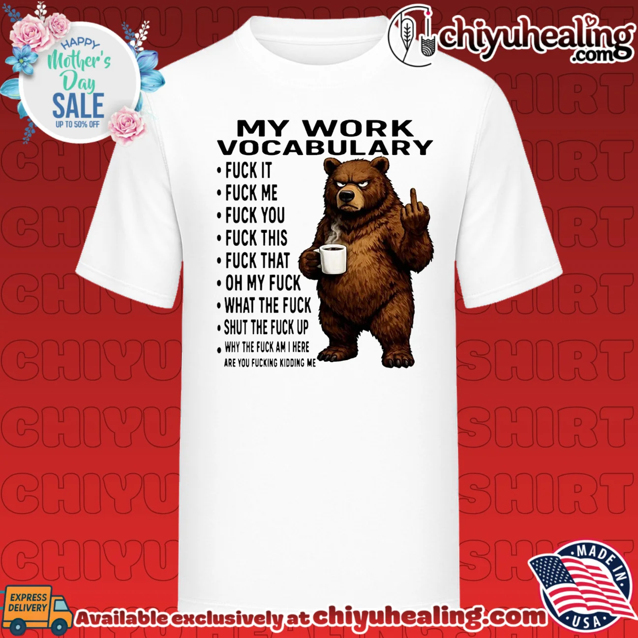 My work vocabulary fuck it fuck me fuck you fuck this cartoon bear holding coffee