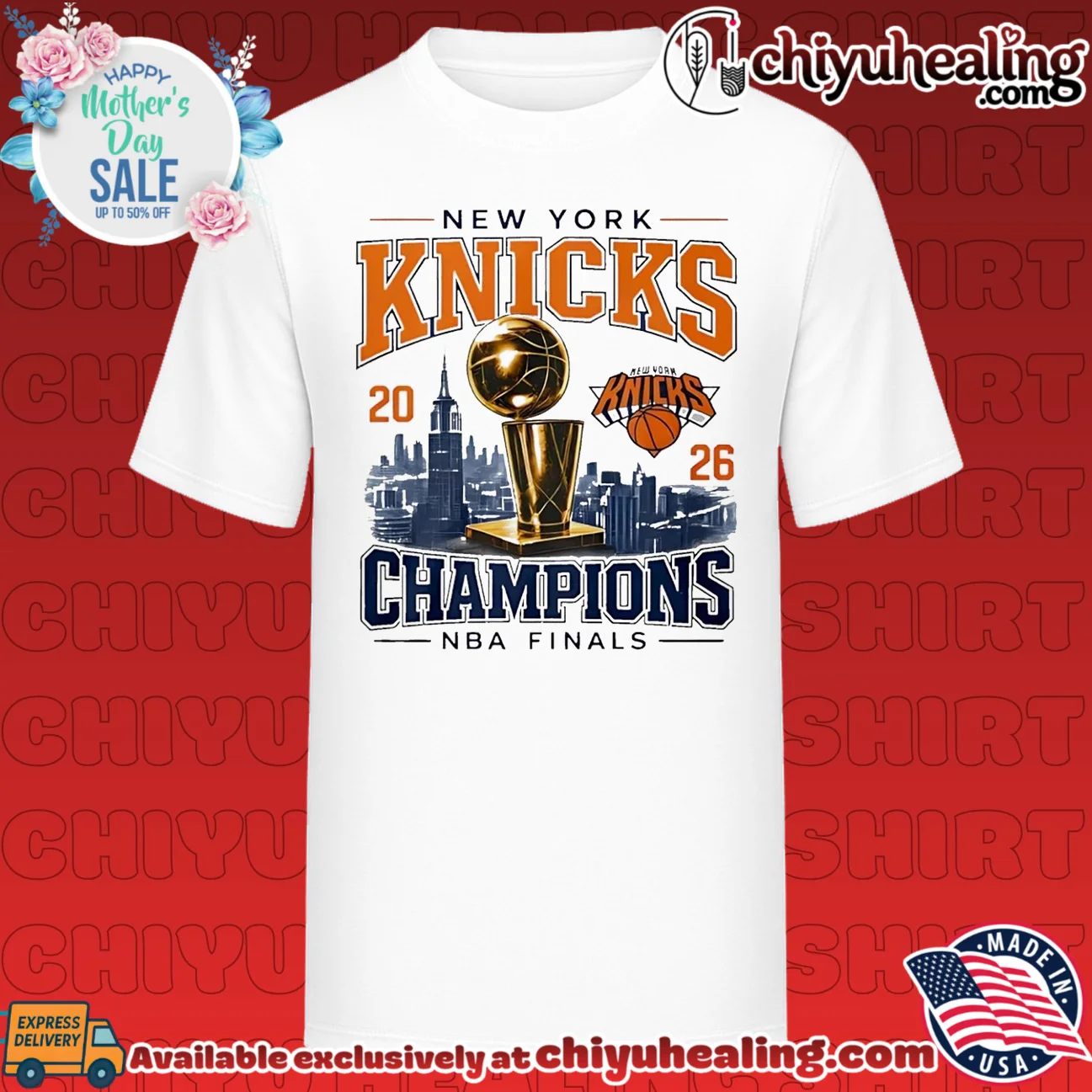 New York Knicks 2026 NBA Finals Champions city skyline background