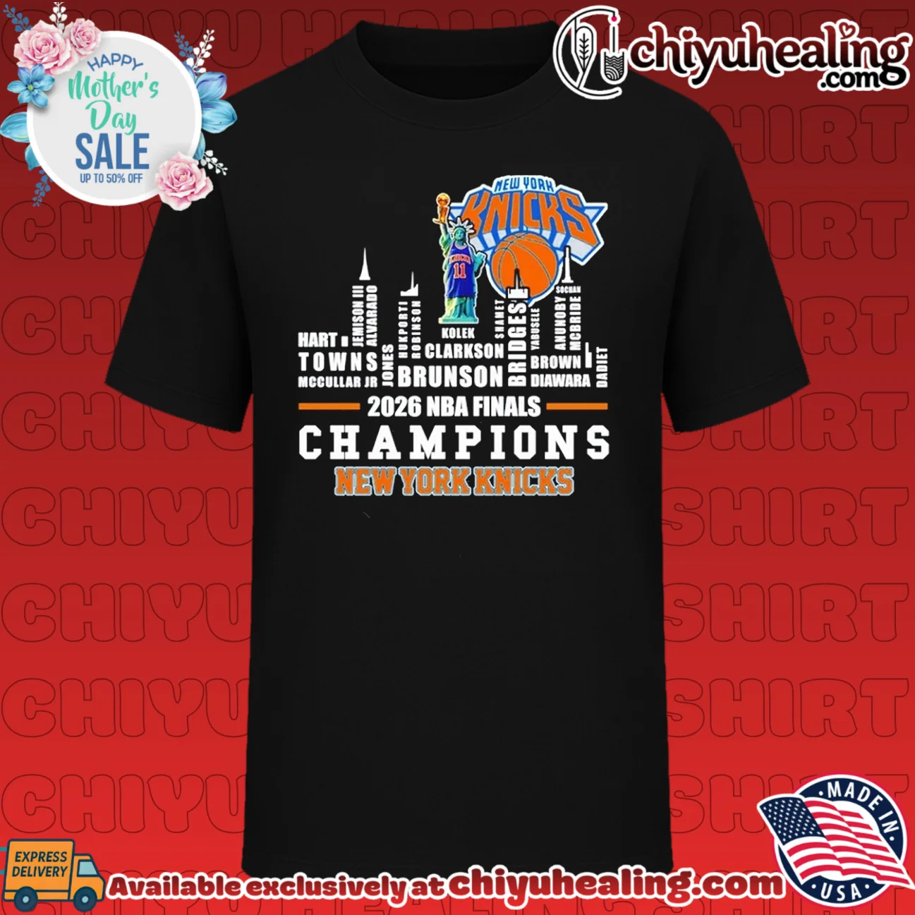 New York Knicks 2026 NBA Finals Champions Statue of Liberty name skyline