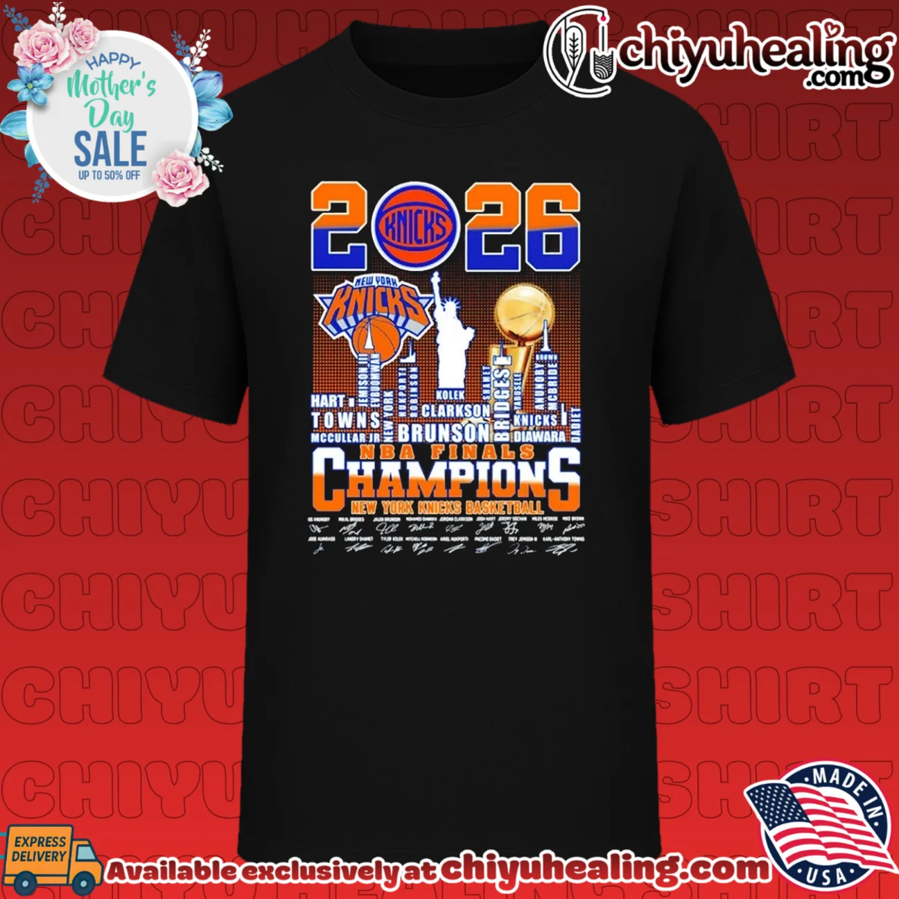 New York Knicks 2026 NBA Finals Champions Statue of Liberty player name skyline