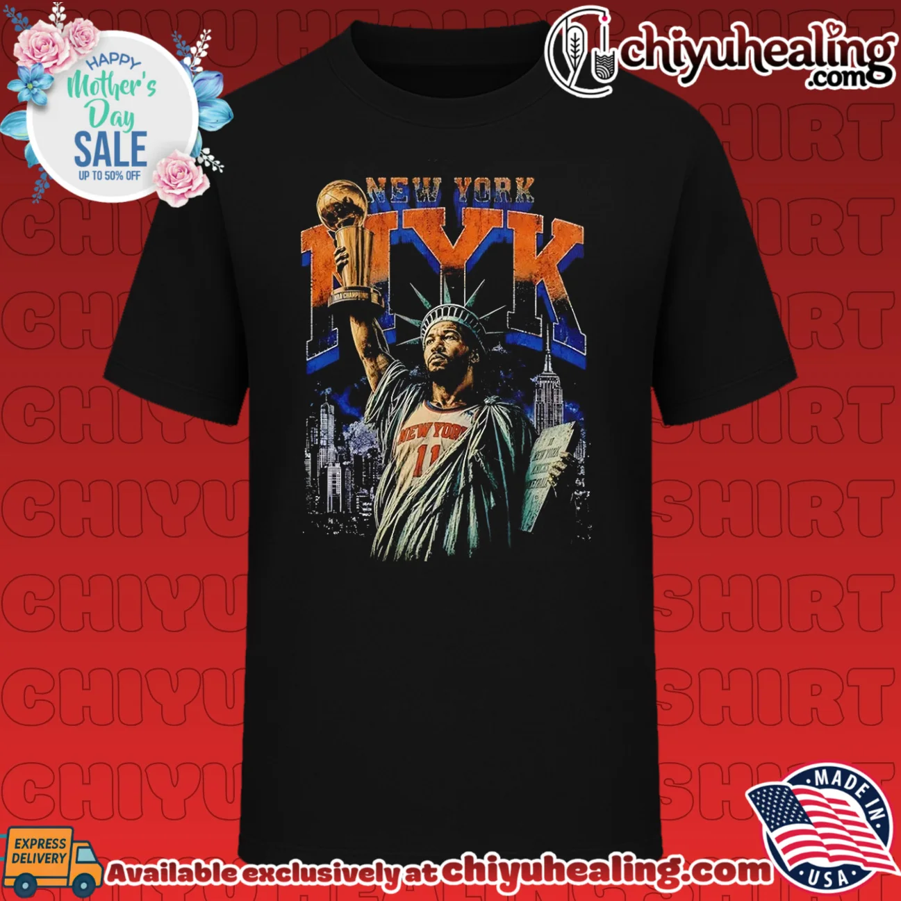 New York Knicks Jalen Brunson as Statue of Liberty holding trophy vintage