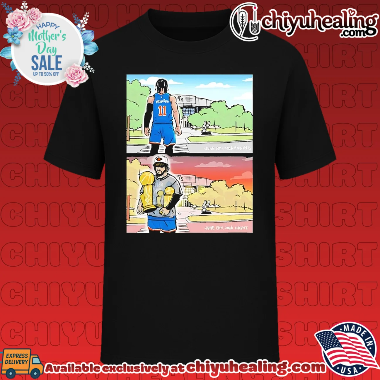 New York Knicks Jalen Brunson holding NBA championship trophies comic style