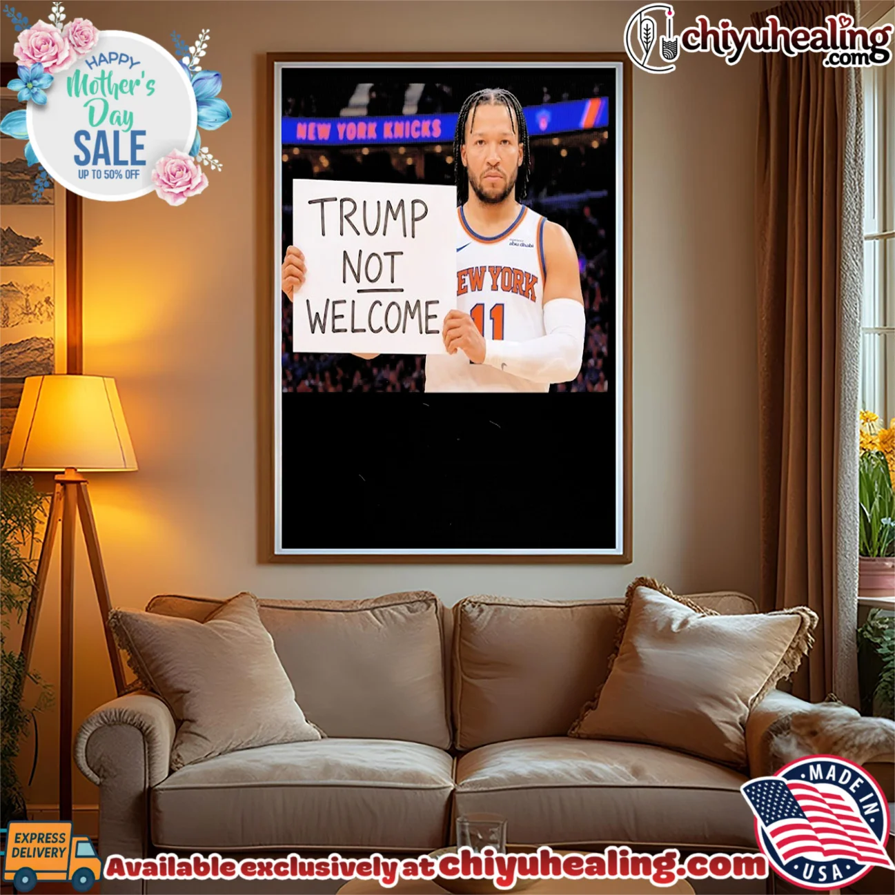 New York Knicks Jalen Brunson holding sign wrote Trump not welcome shirt epic shirt & hoodie - Everyday Fit New York Knicks Jalen Brunson holding sign wrote Trump not welcome shirt