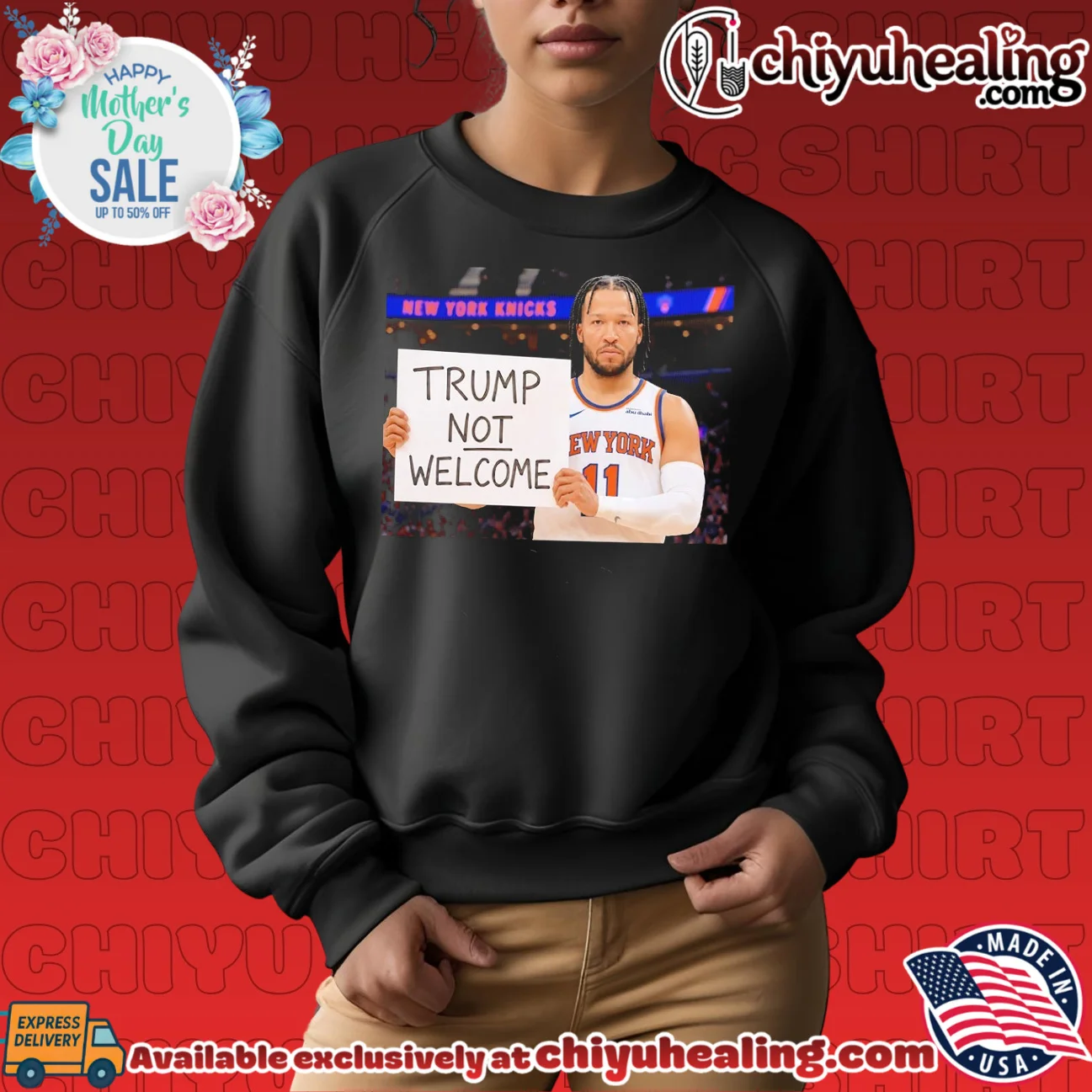 New York Knicks Jalen Brunson holding sign wrote Trump not welcome shirt epic shirt & hoodie - Everyday Fit New York Knicks Jalen Brunson holding sign wrote Trump not welcome shirt