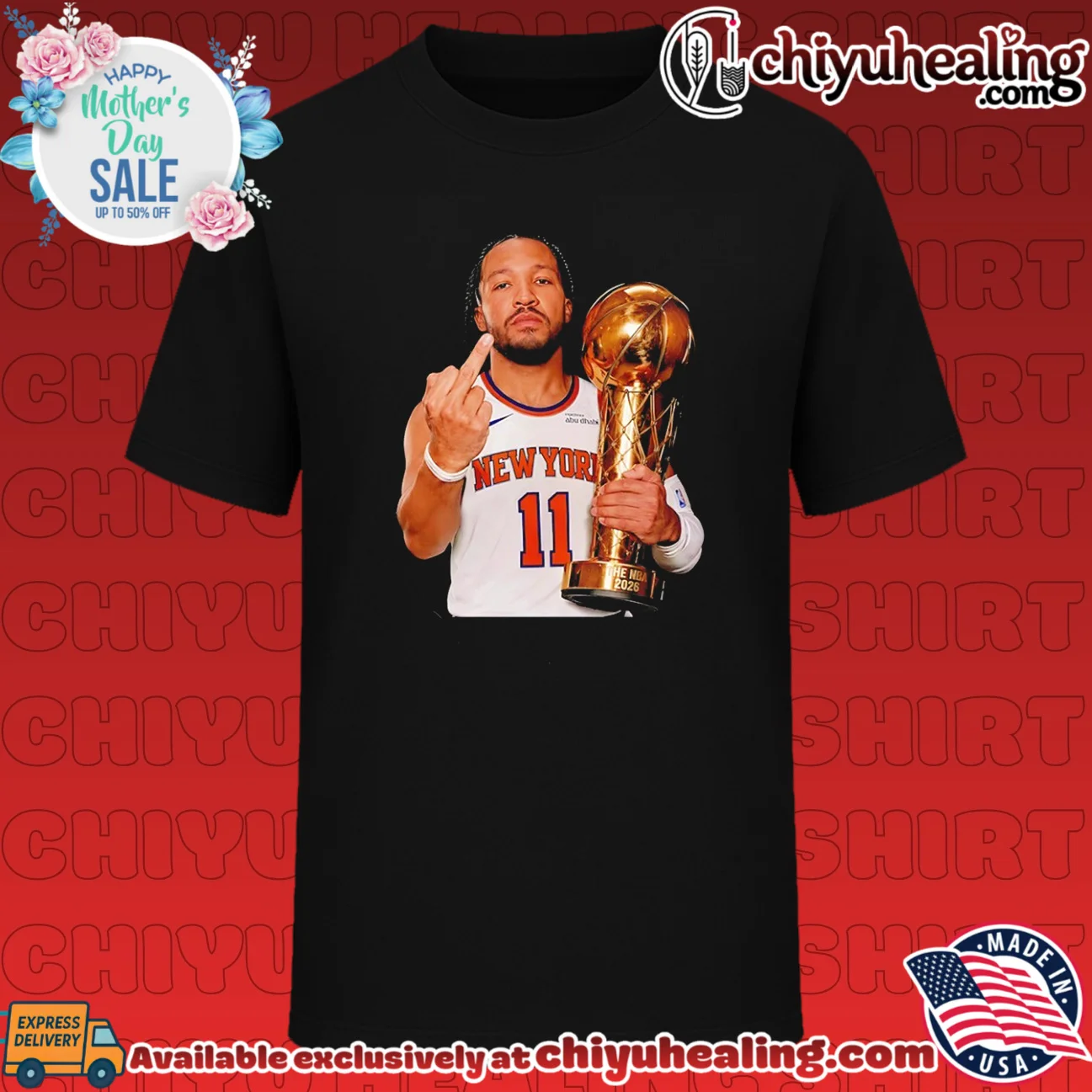New York Knicks Jalen Brunson holding trophy middle finger