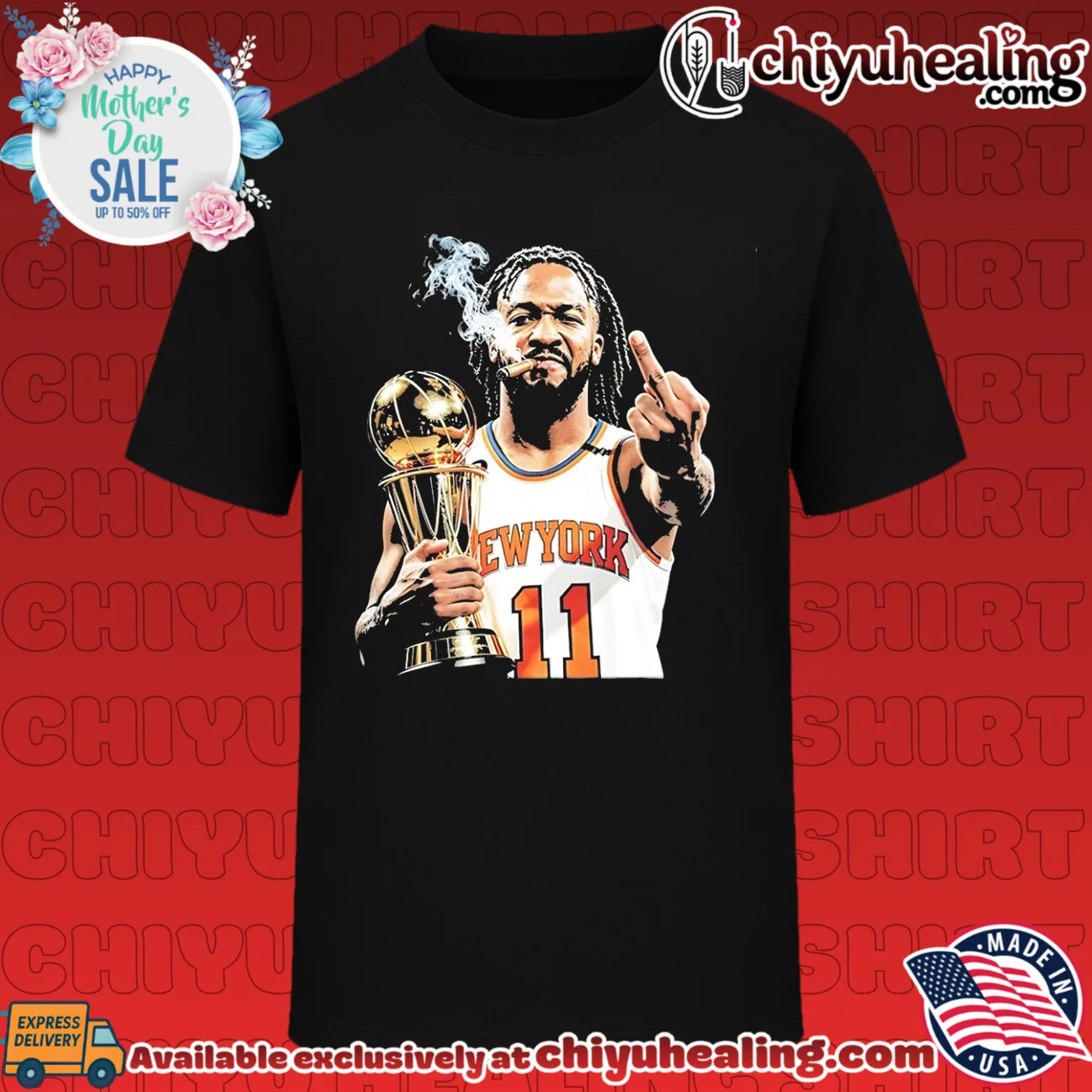 New York Knicks Jalen Brunson holding trophy middle finger vintage