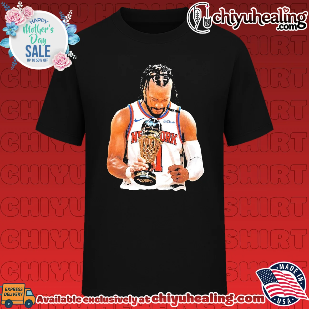 New York Knicks Jalen Brunson holding trophy retro