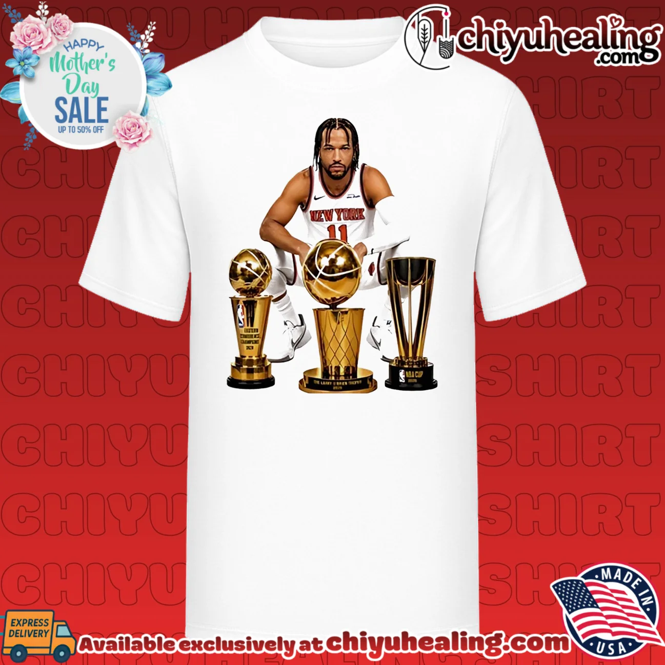 New York Knicks Jalen Brunson sitting beside trophis