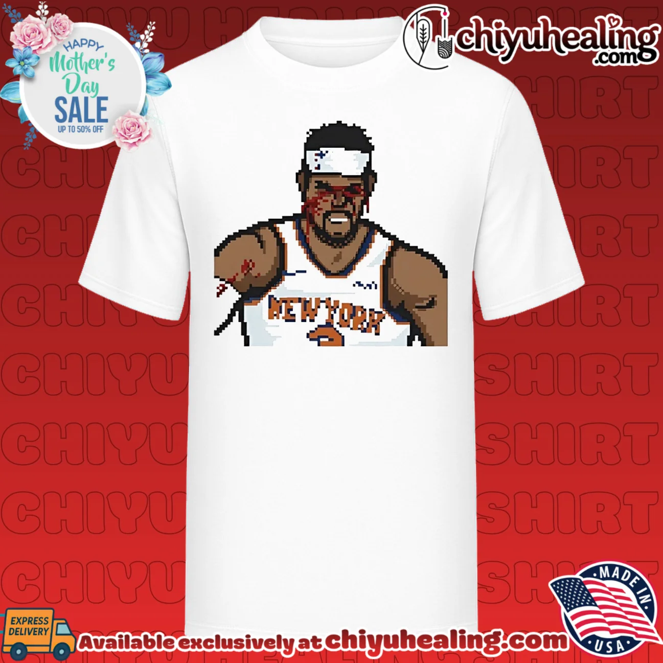 New York Knicks Josh Hart bloody face 8-bit graphic