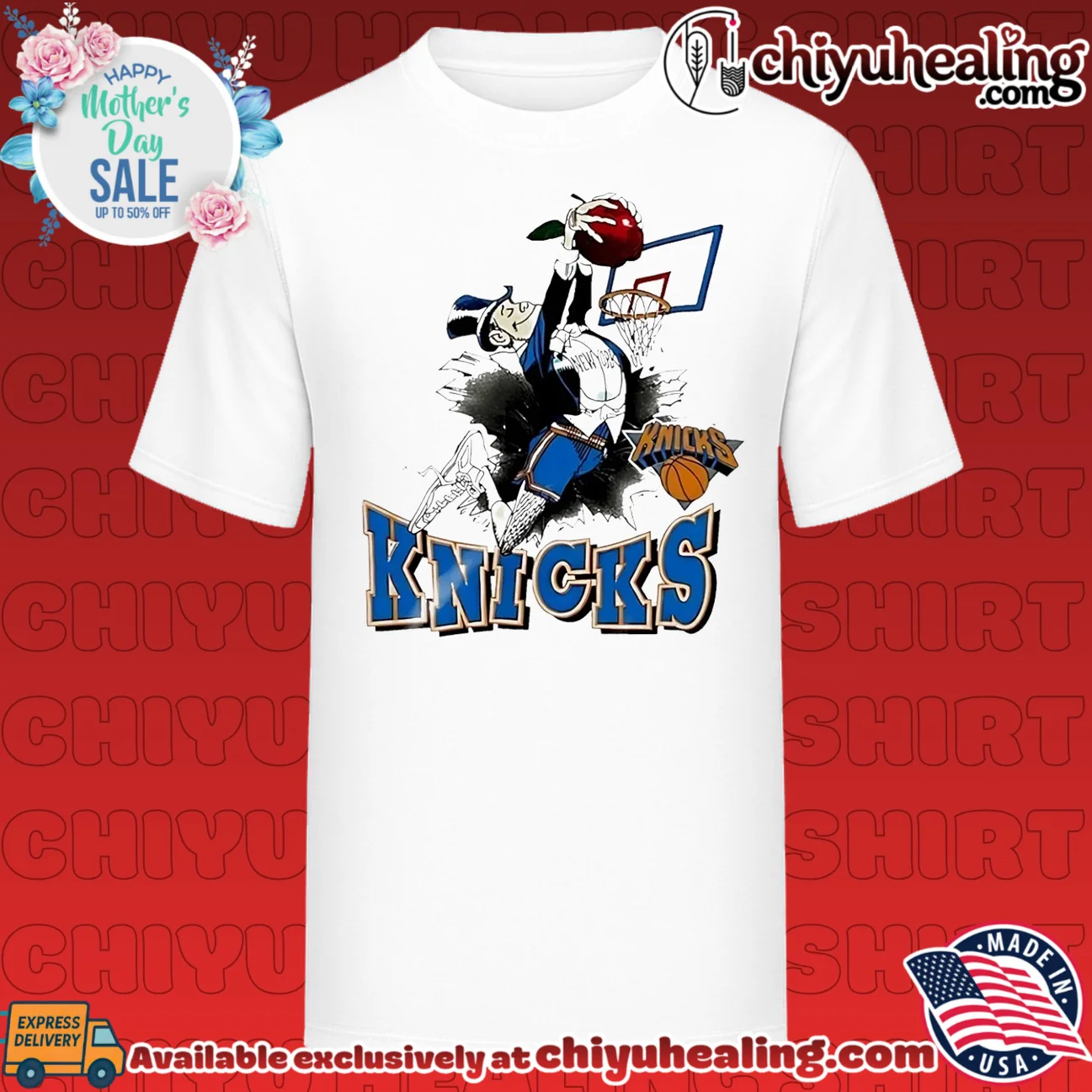 New York Knicks mascot dunking red apple graphic
