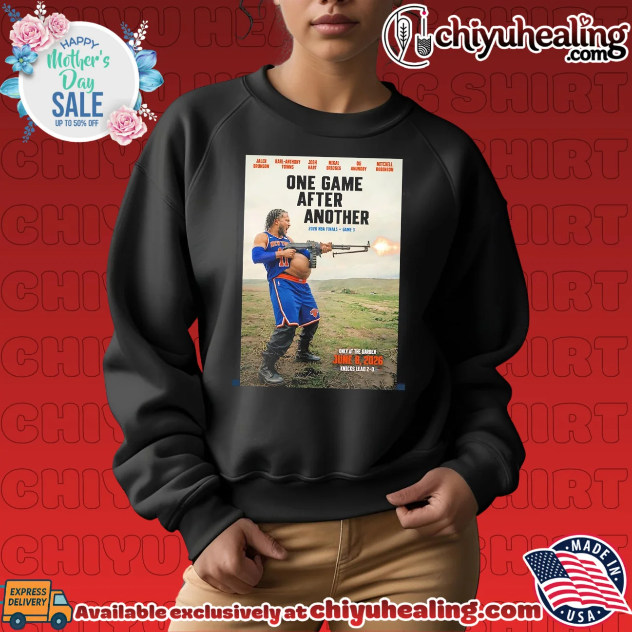 New York Knicks one game after another Jalen Brunson holding rifle authentic shirt & hoodie | Modern Street Style New York Knicks one game after another Jalen Brunson holding rifle
