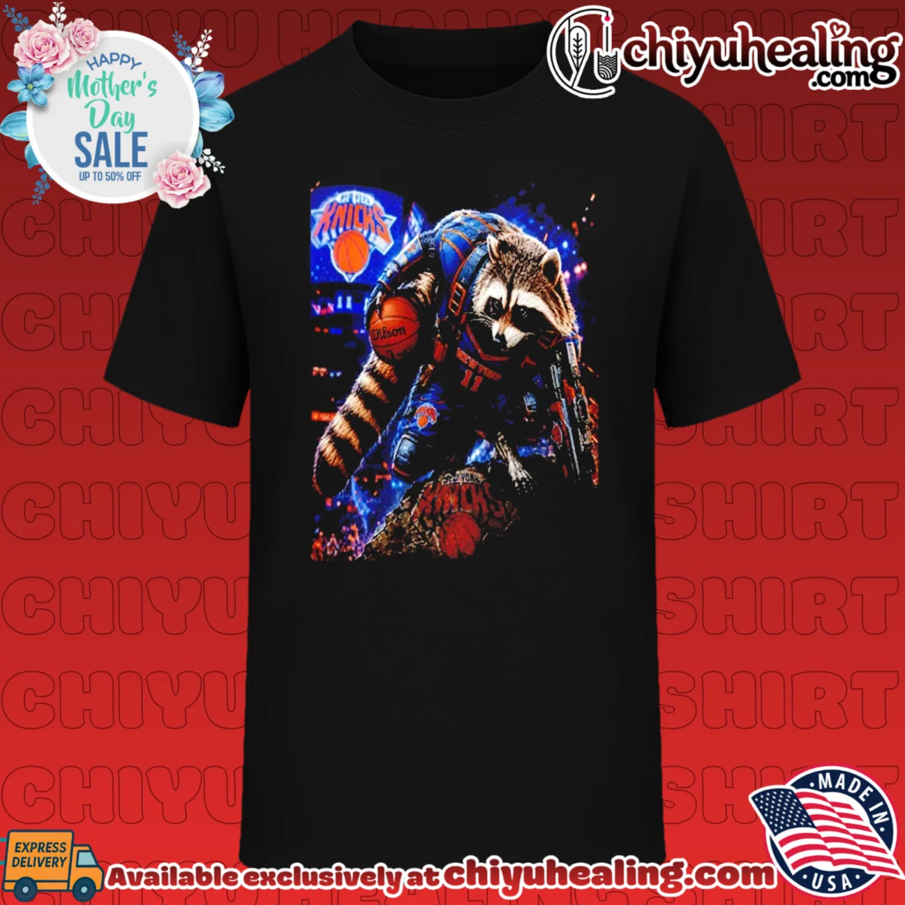 New York Knicks Rocket Raccoon playing basketball graphic