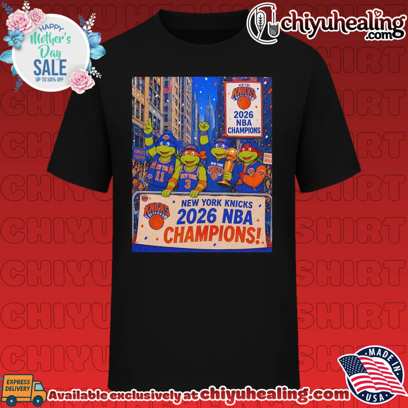 New York Knicks x the Teenage Mutant Ninja Turtles 2026 NBA Champions illustration