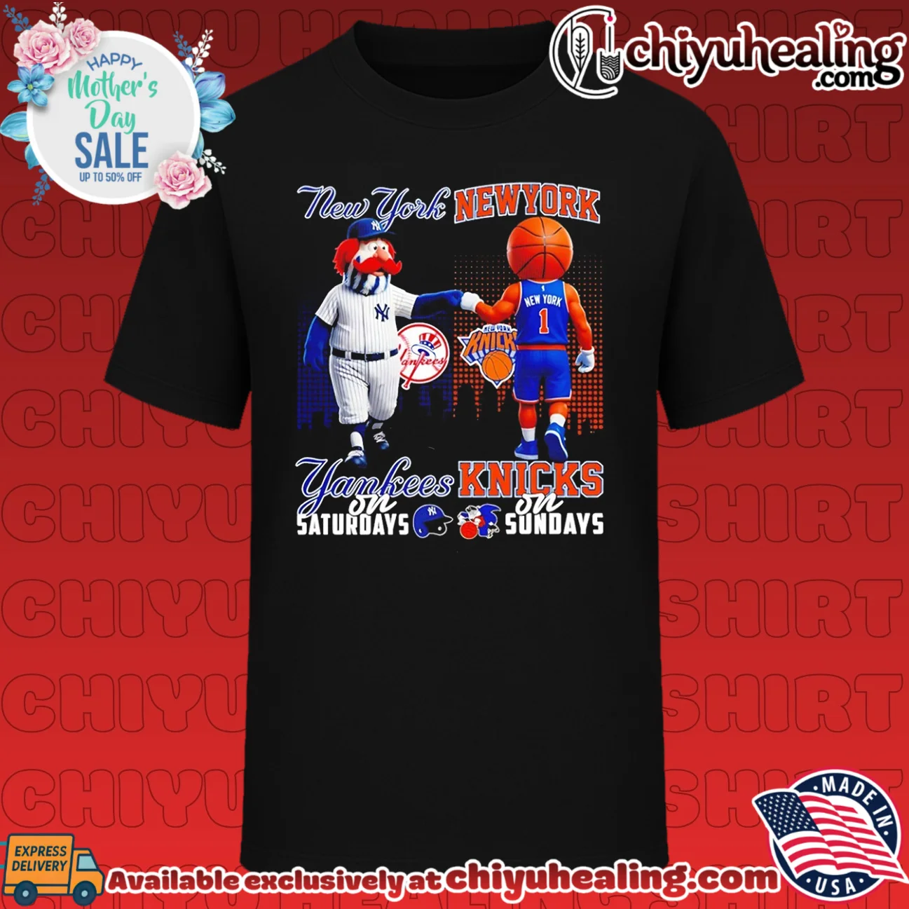 New York Yankees on Saturdays Vs New York Knicks on Sundays mascot skyline