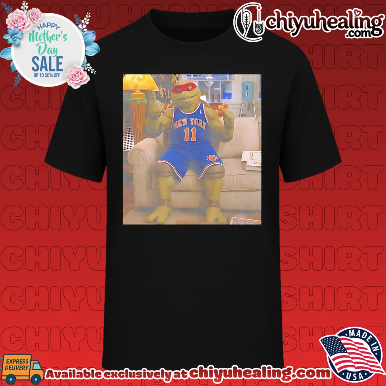 Ninja Turtles wearing New York Knicks jersey eating pizza