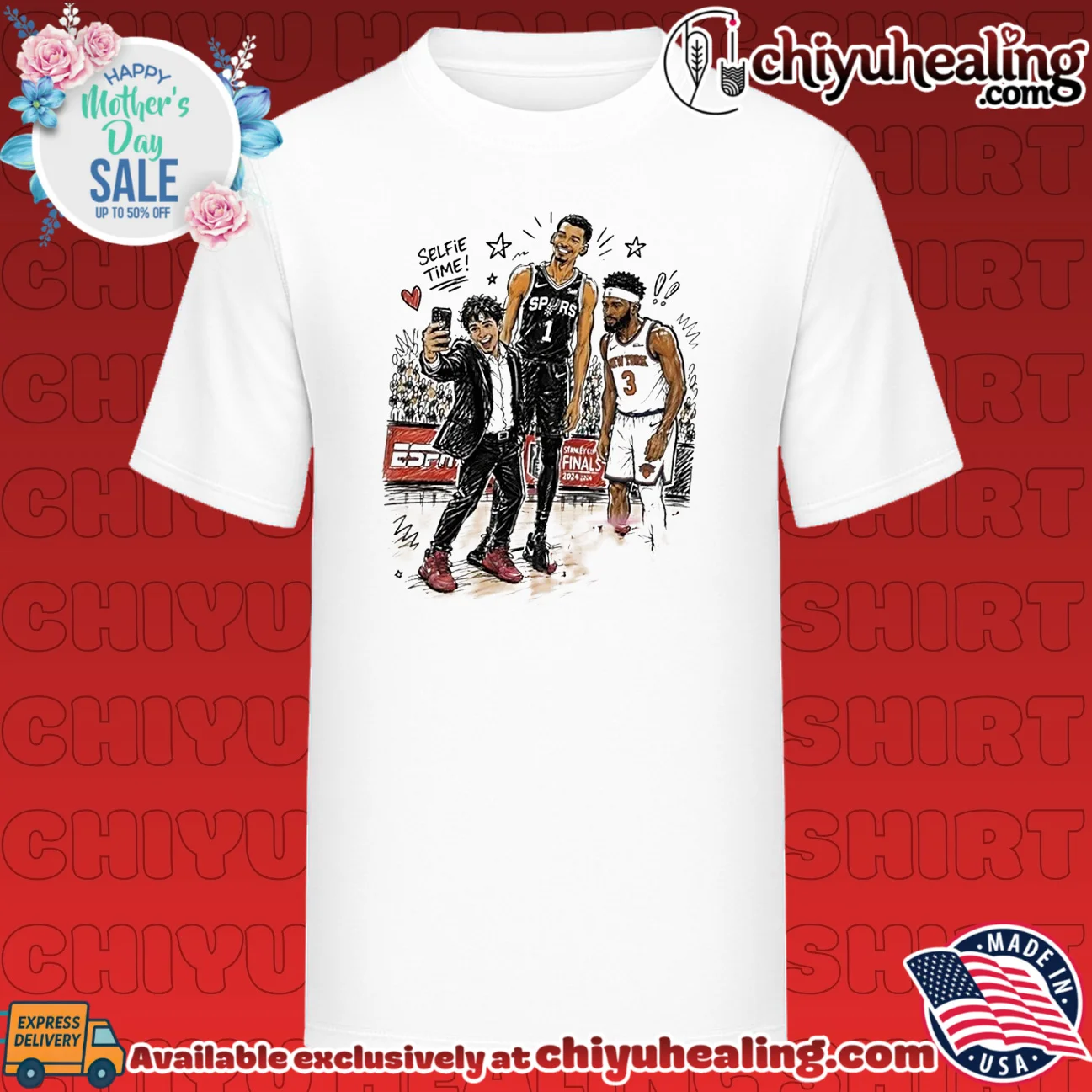 NY Knicks and San Antonio Spurs selfie time carucature illustration shirt