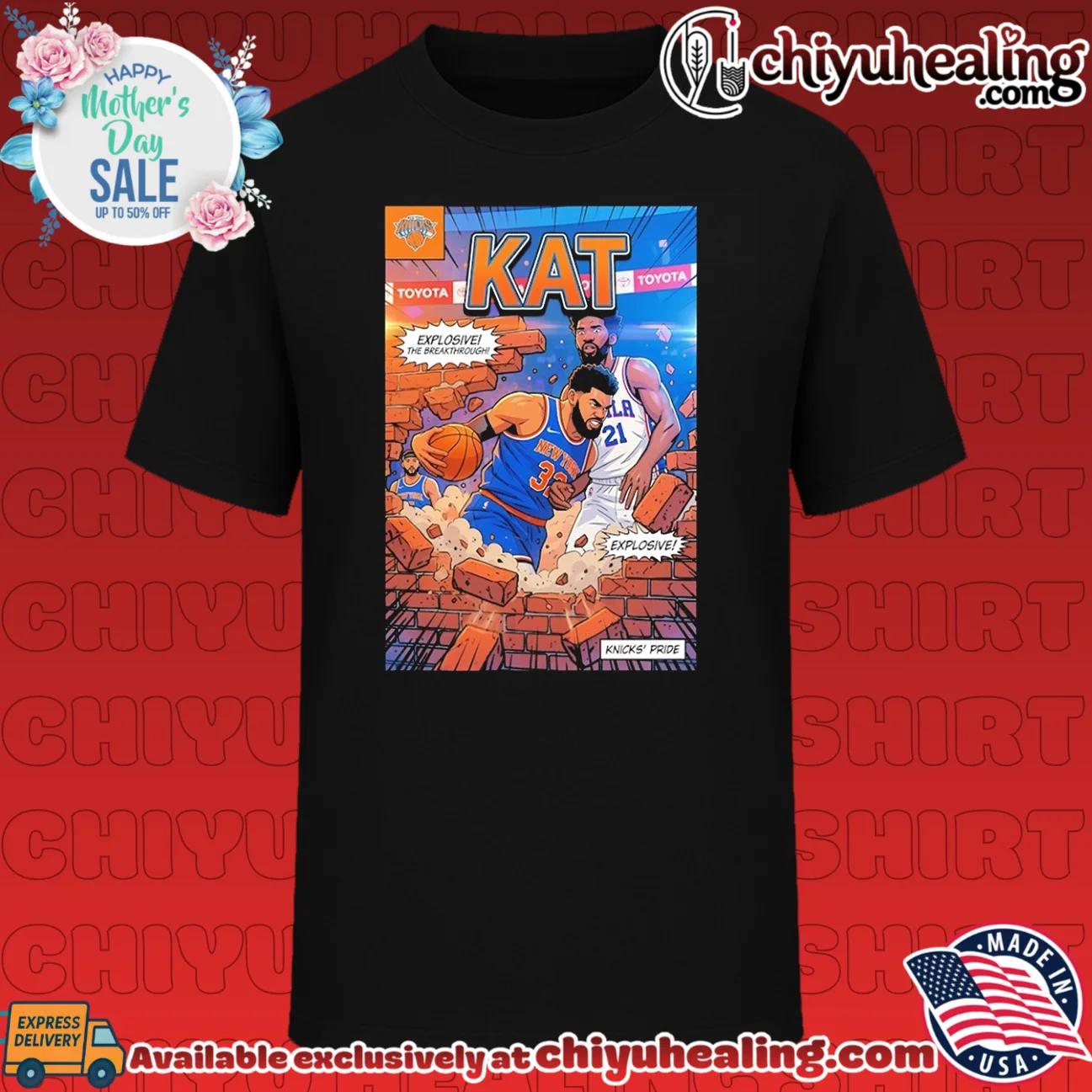 NY Knicks KAT Kat-Anthony Towns breaking brick wall illustrated comic style