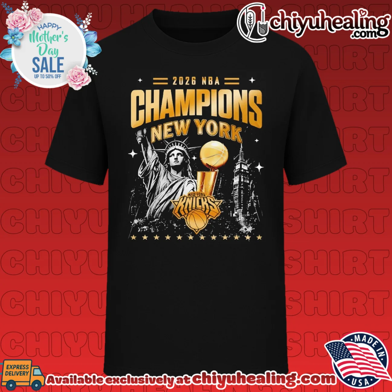 NY Knicks NBA Champions 2026 Statue of Liberty skyline