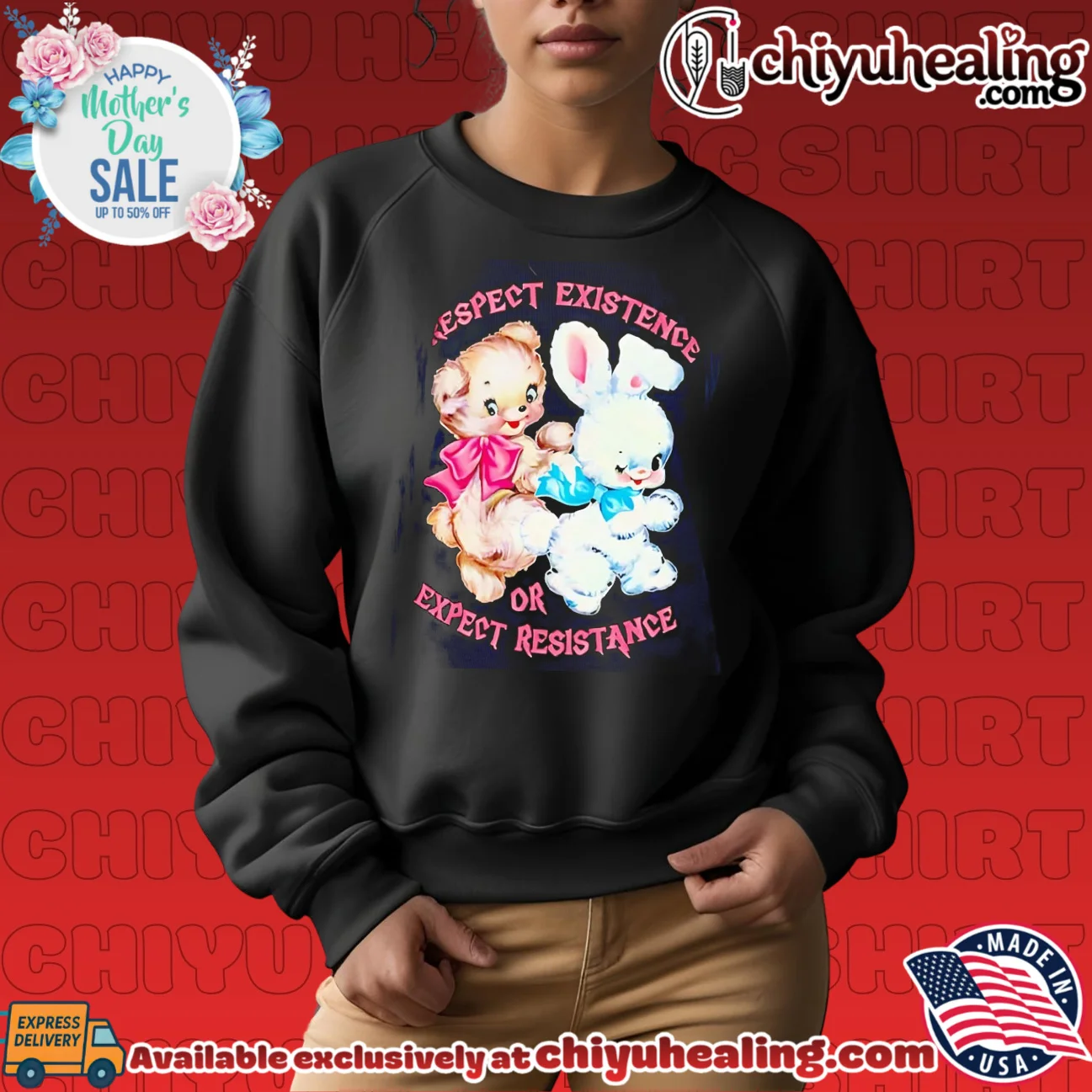Respect existence or expect resistance cartoon bear and bunny signature shirt & hoodie | Modern Street Style Respect existence or expect resistance cartoon bear and bunny