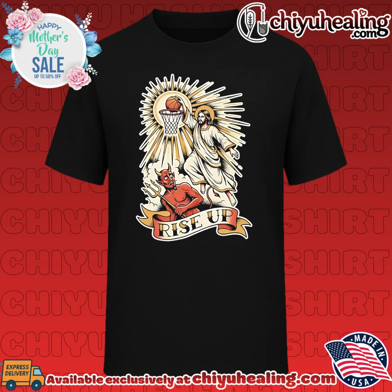 Rise up Jesus dunking basketball illustrated