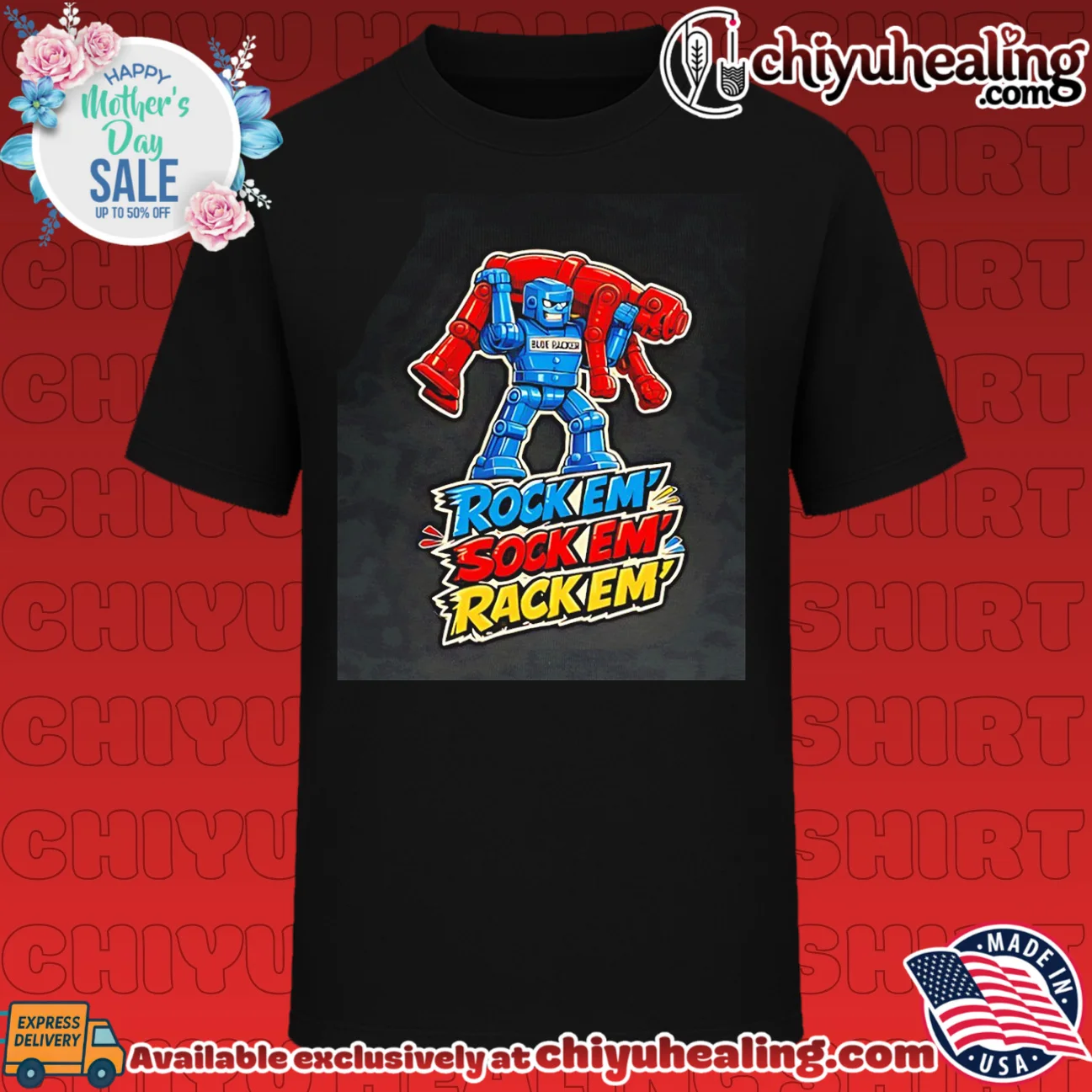Rock em' sock em' rack em' robot graphic