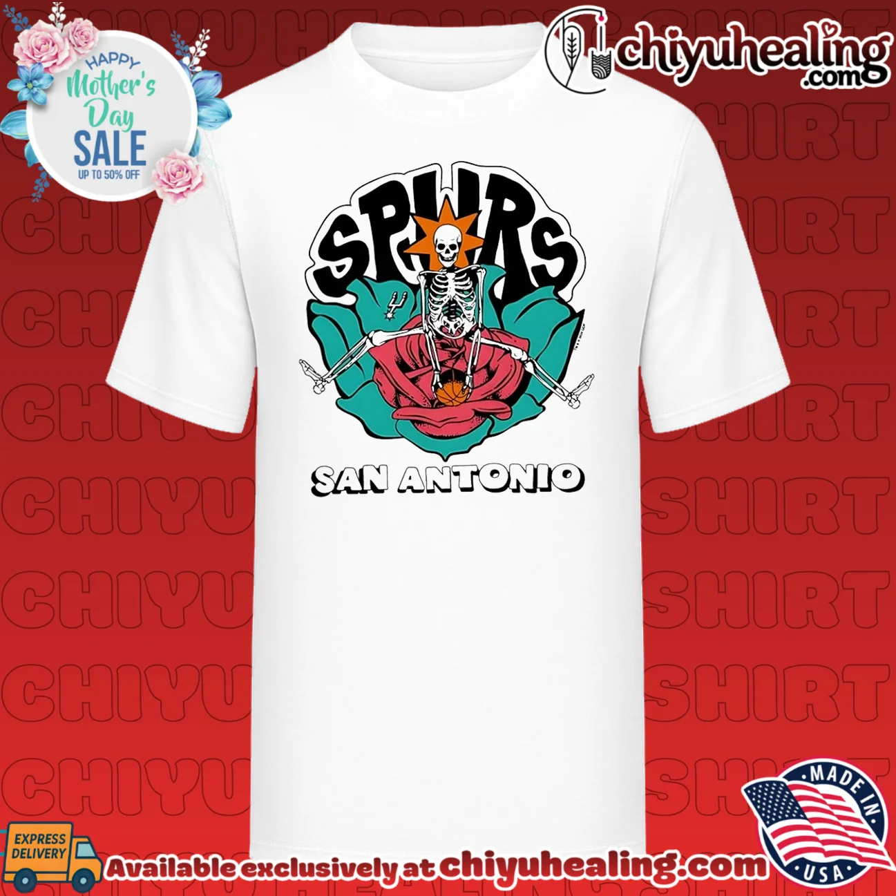 San Antonio Spurs skeletal figure sitting on rose graphic shirt