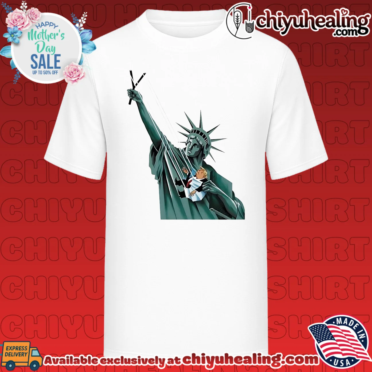 Statue of Liberty using a slingshot to launch a depiction of Donald Trump illustrated shirt & hoodie