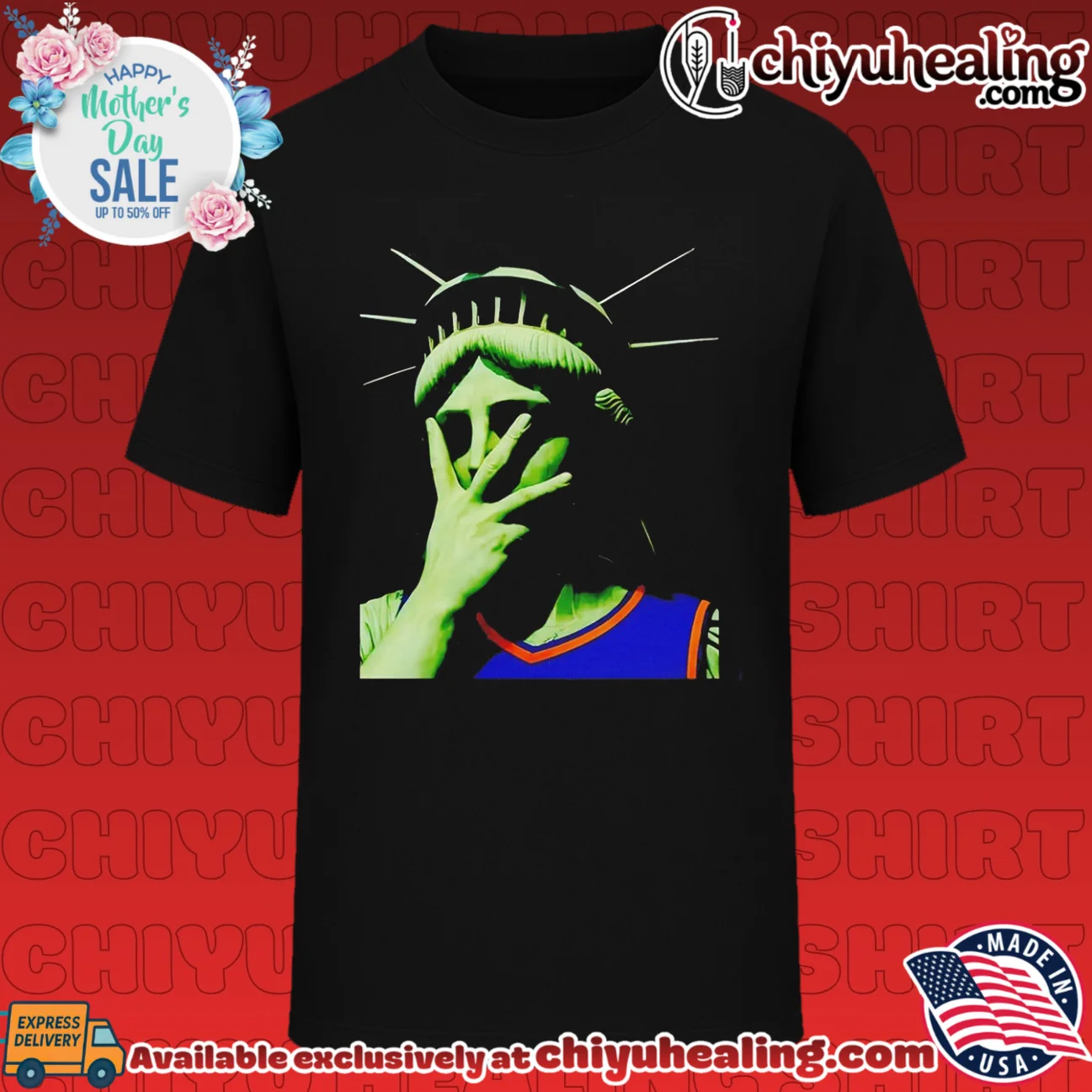 Statue of Liberty wearing New York Knicks jersey doing facepalm