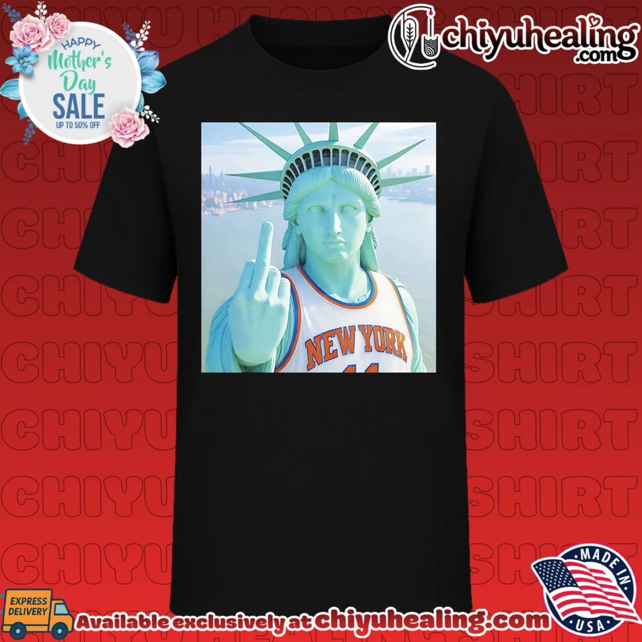Statue of Liberty wearing New York Knicks jersey middle finger meme