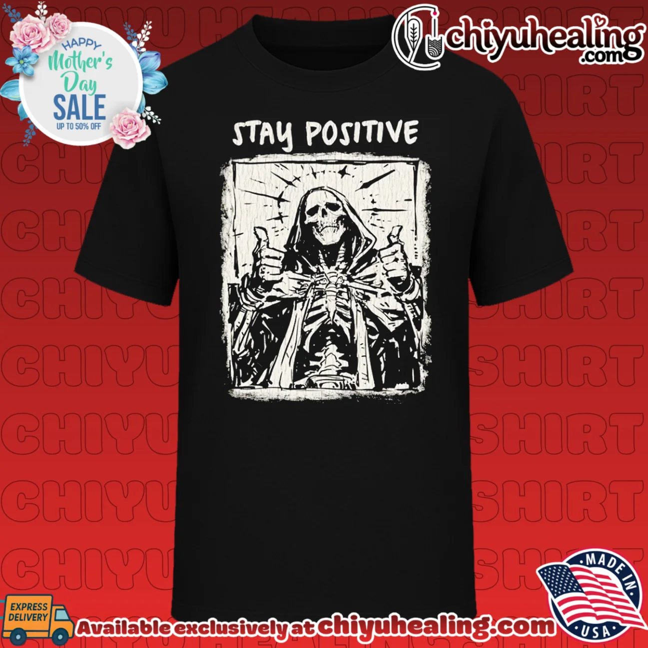 Stay Positive Skeleton Thumbs Up grim reaper shirt & hoodie