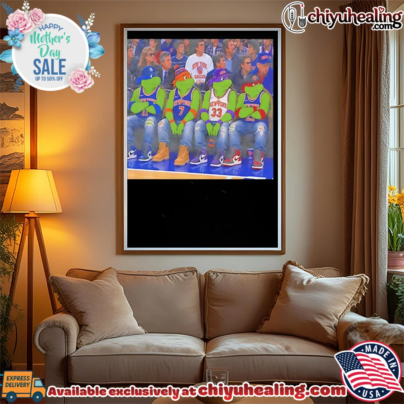Teenage Mutant Ninja Turtles wearing New York Knicks jersey illustrated masterpiece shirt & hoodie | IP Merchandise Teenage Mutant Ninja Turtles wearing New York Knicks jersey illustrated