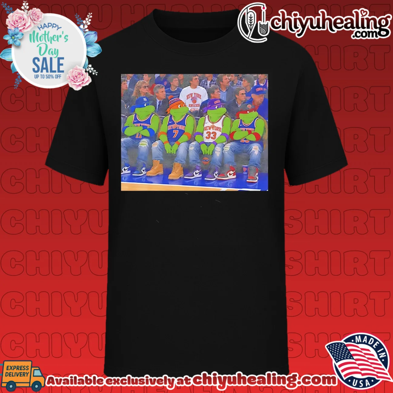 Teenage Mutant Ninja Turtles wearing New York Knicks jersey illustrated