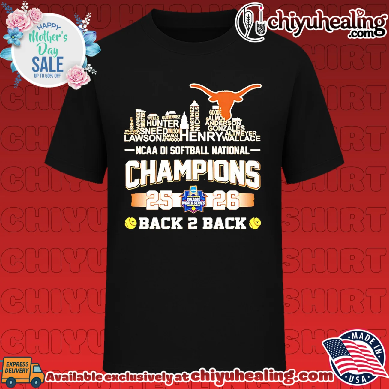 Texas Longhorns 2026 NCAA Women's Softball National Champions back to back name skyline