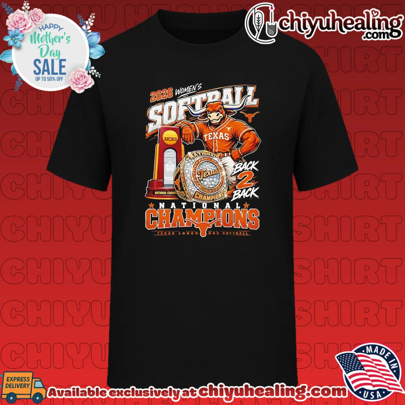 Texas Longhorns 2026 Women's Softball back 2 back National Champions mascot shirt