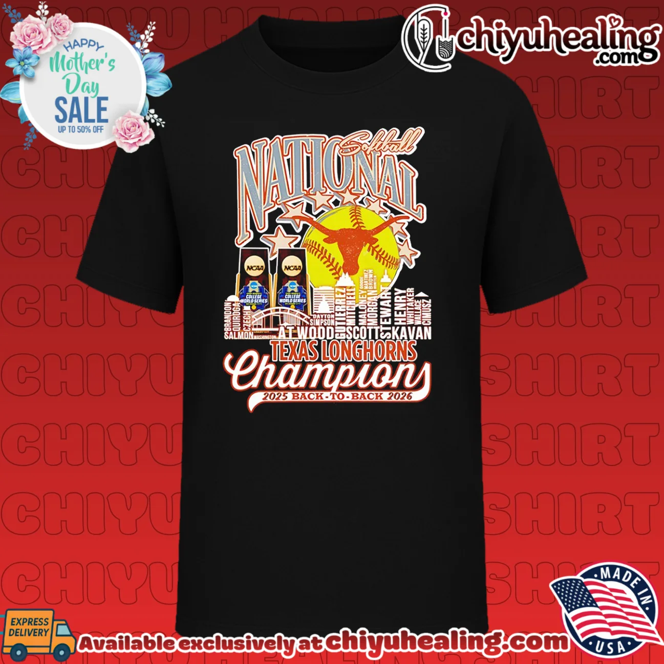 Texas Softball 2026 WCWS Back to back National Champions player name skyline shirt