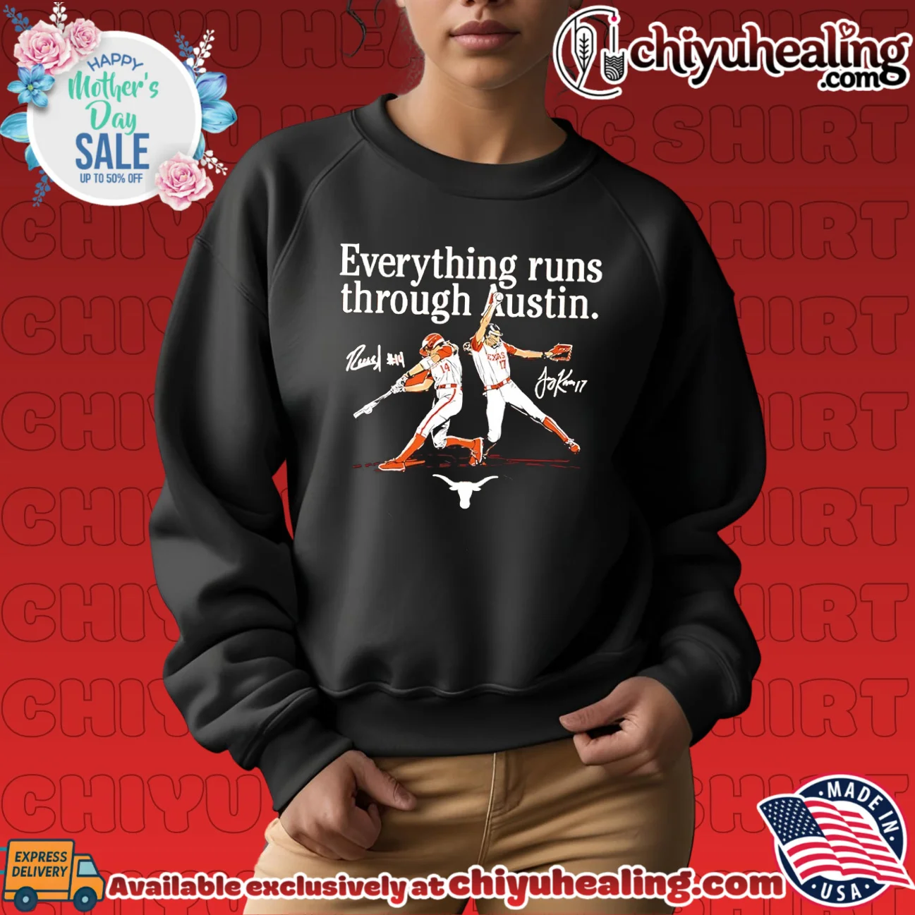 Texas Softball Teagan Kavan & Reese Atwood Everything Runs Through Austin signature elite shirt & hoodie - Perfect Fan Gift Texas Softball Teagan Kavan & Reese Atwood Everything Runs Through Austin signature