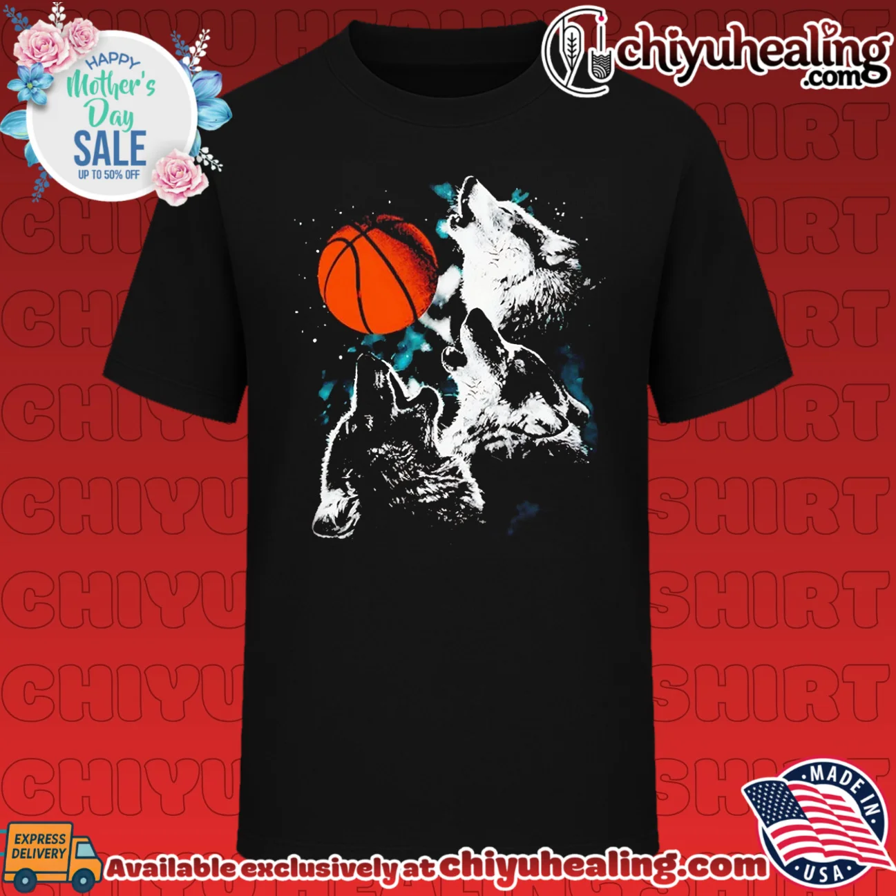 Three wolves howling at a basketball sports art