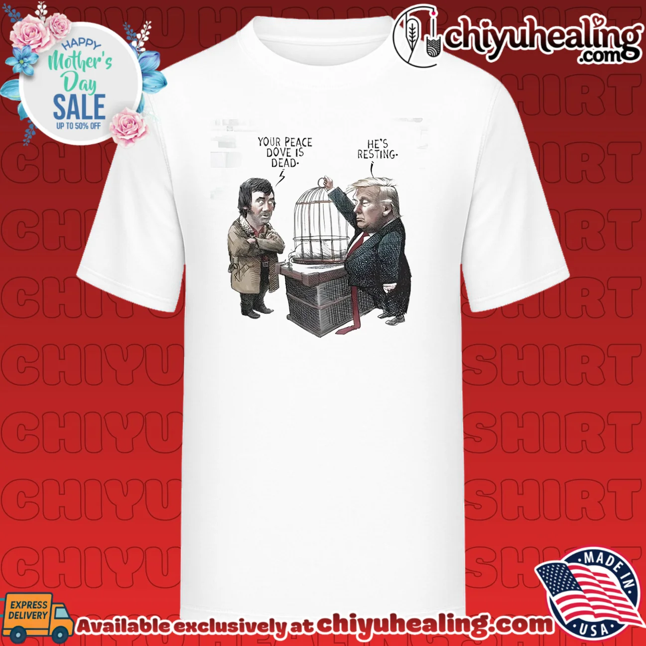Trump caricature resting dead bird graphic