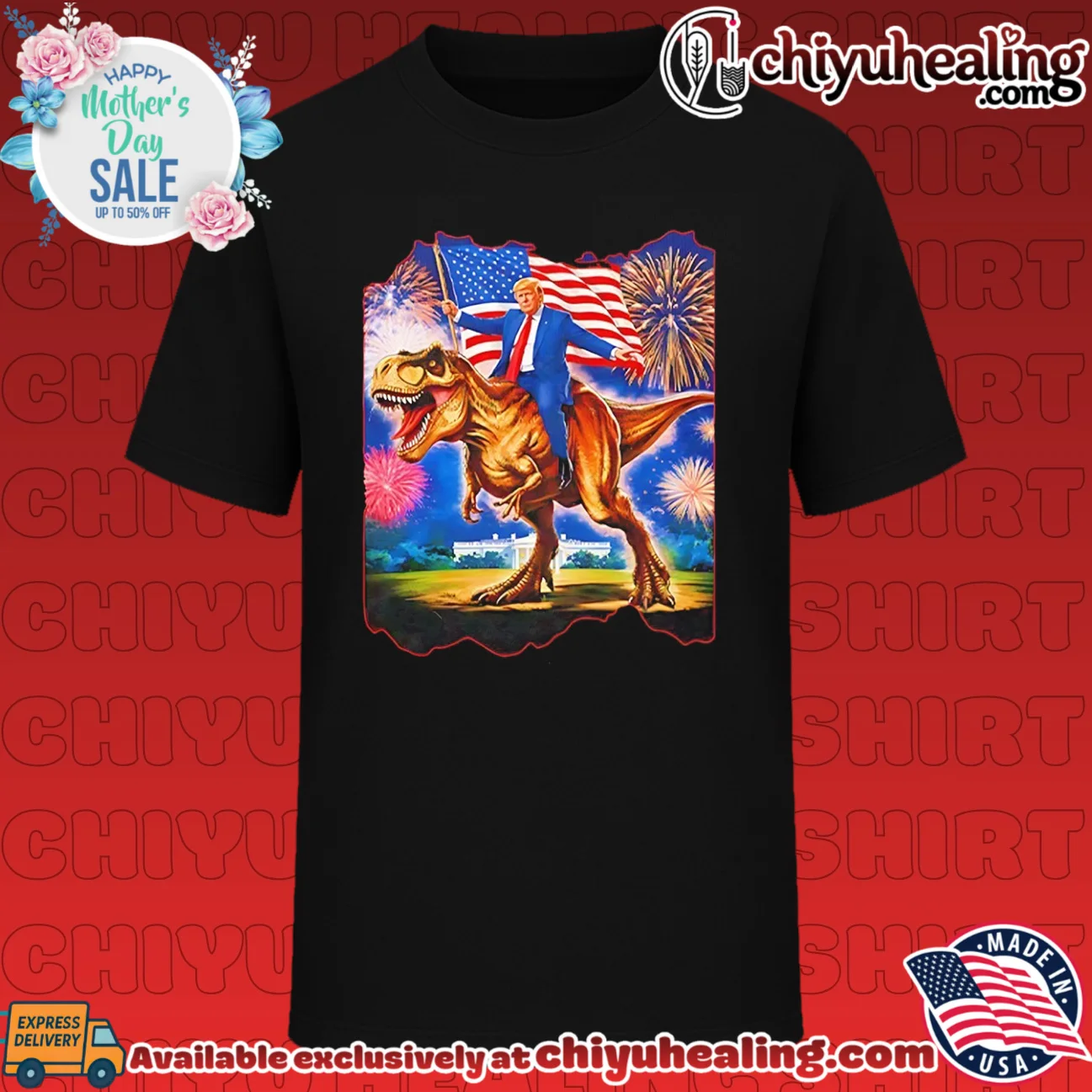 Trump Riding T-Rex American Flag Fireworks 4th Of July shirt & hoodie