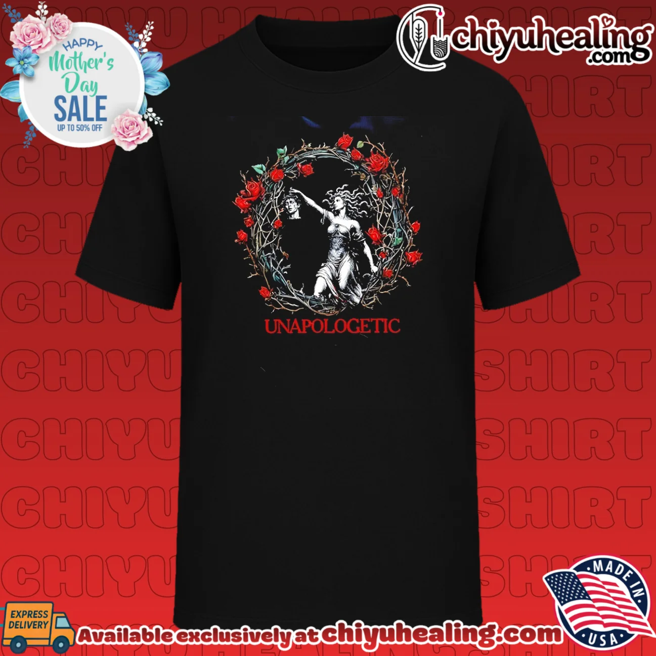 Unapologetic Medusa illustration encircled by red roses retro