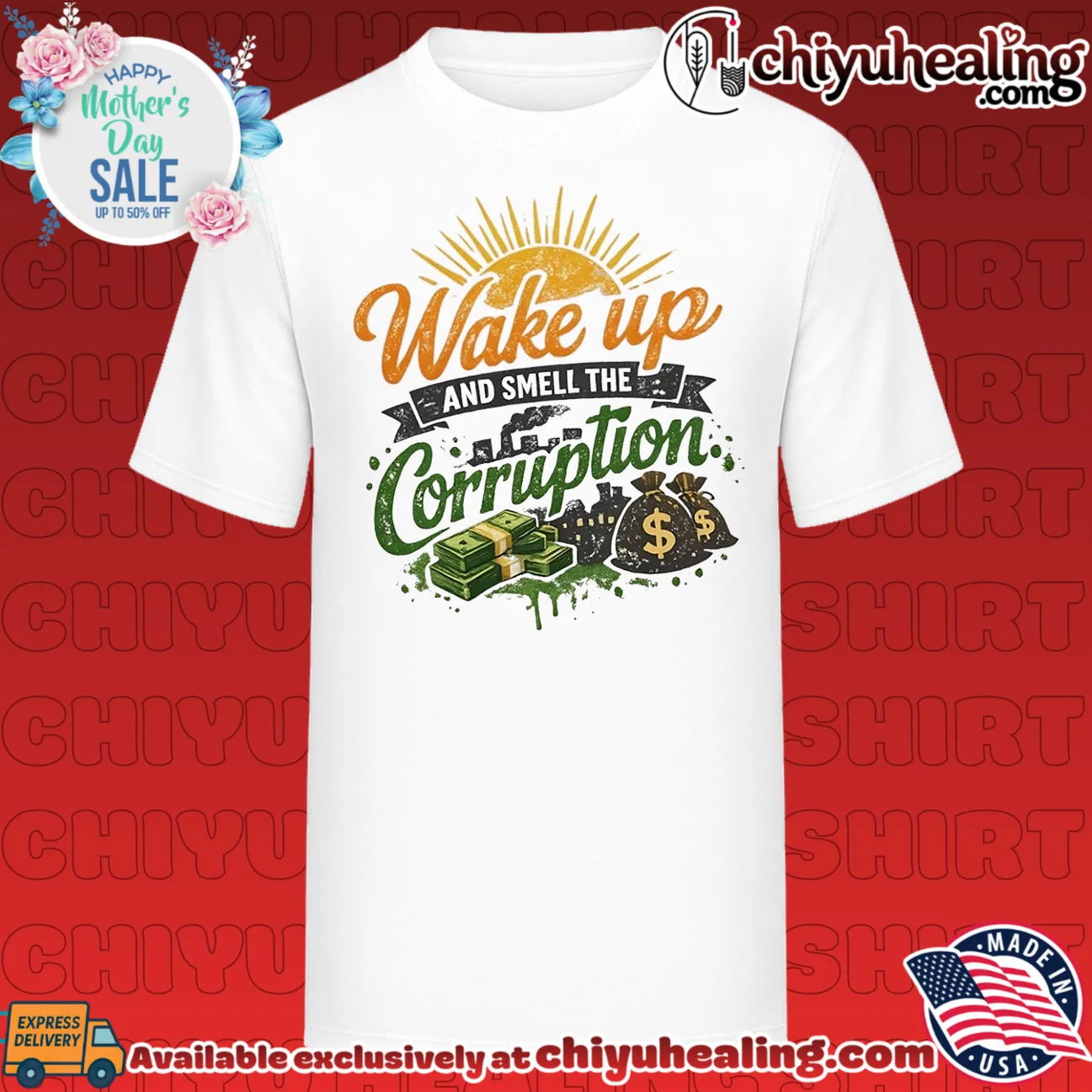 Wake up and smell the corruption sunset and money illustration